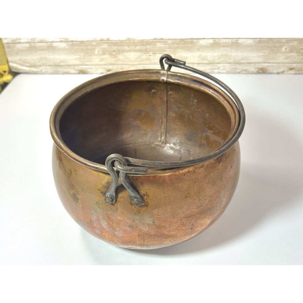 Antique Copper Cauldron Hanging Pot Cast Iron Handle Fireplace